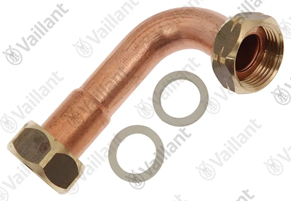 Kupferrohr mit einem 90-Grad-Winkel, einer Seite mit einem Schraubenkopf und zwei Dichtungen. Markierung und Logo von Vaillant sichtbar.